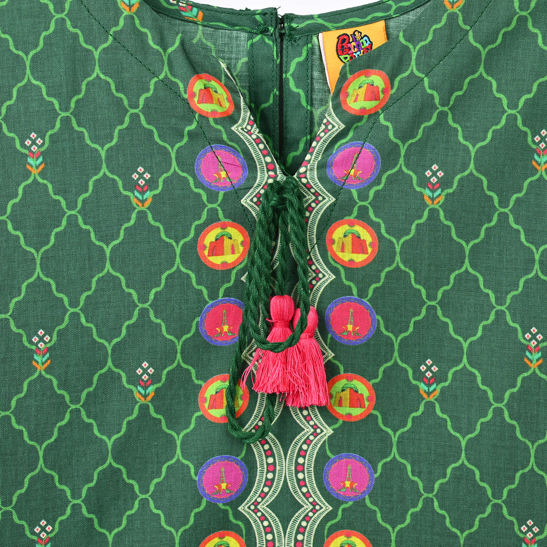 Girls Cotton Ind Kurti Truck Art-GREEN