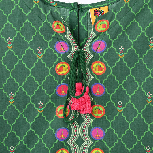 Girls Cotton Ind Kurti Truck Art-GREEN