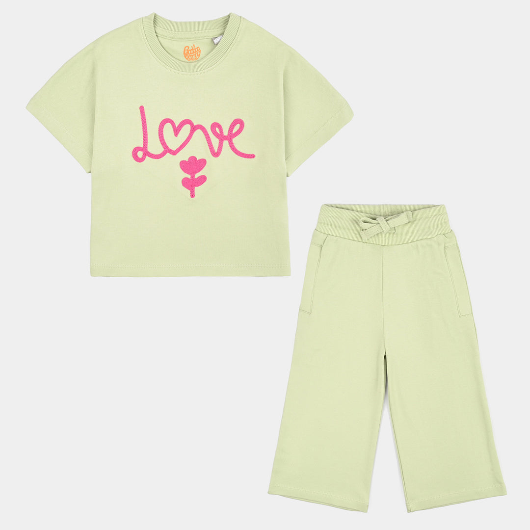 Girls Cotton Interlock 2 Piece Suit Love- Green