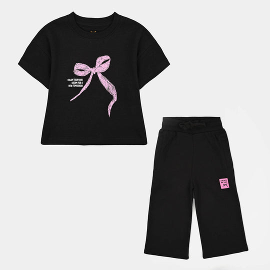 Girls Cotton Interlock 2 Piece Suit Bow-BLACK