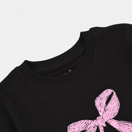 Girls Cotton Interlock 2 Piece Suit Bow-BLACK