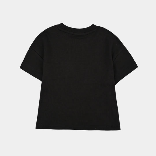 Girls Cotton Interlock 2 Piece Suit Bow-BLACK