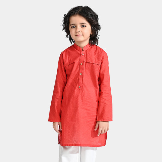 Boys Jacquard Basic Kurta-Red