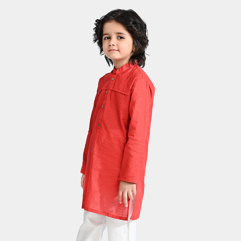 Boys Jacquard Basic Kurta-Red