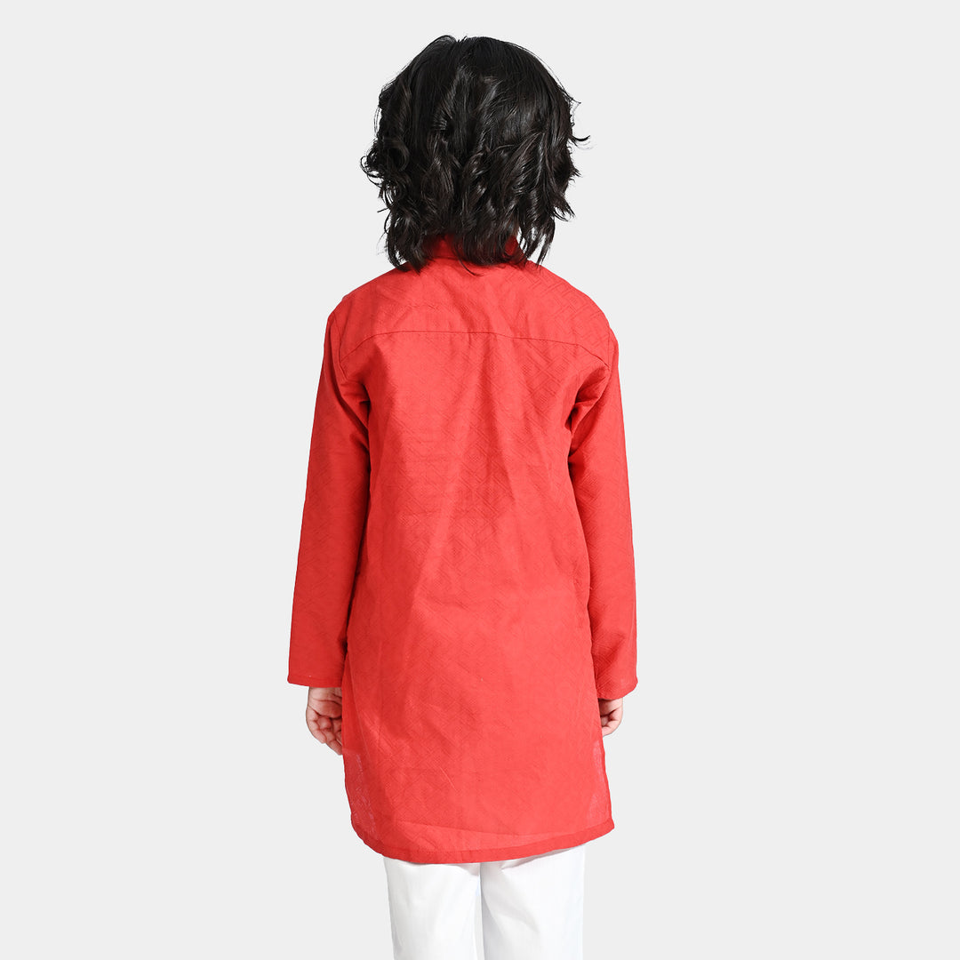 Boys Jacquard Basic Kurta-Red