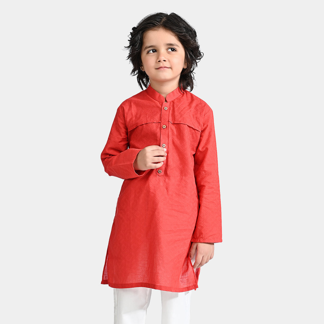 Boys Jacquard Basic Kurta-Red