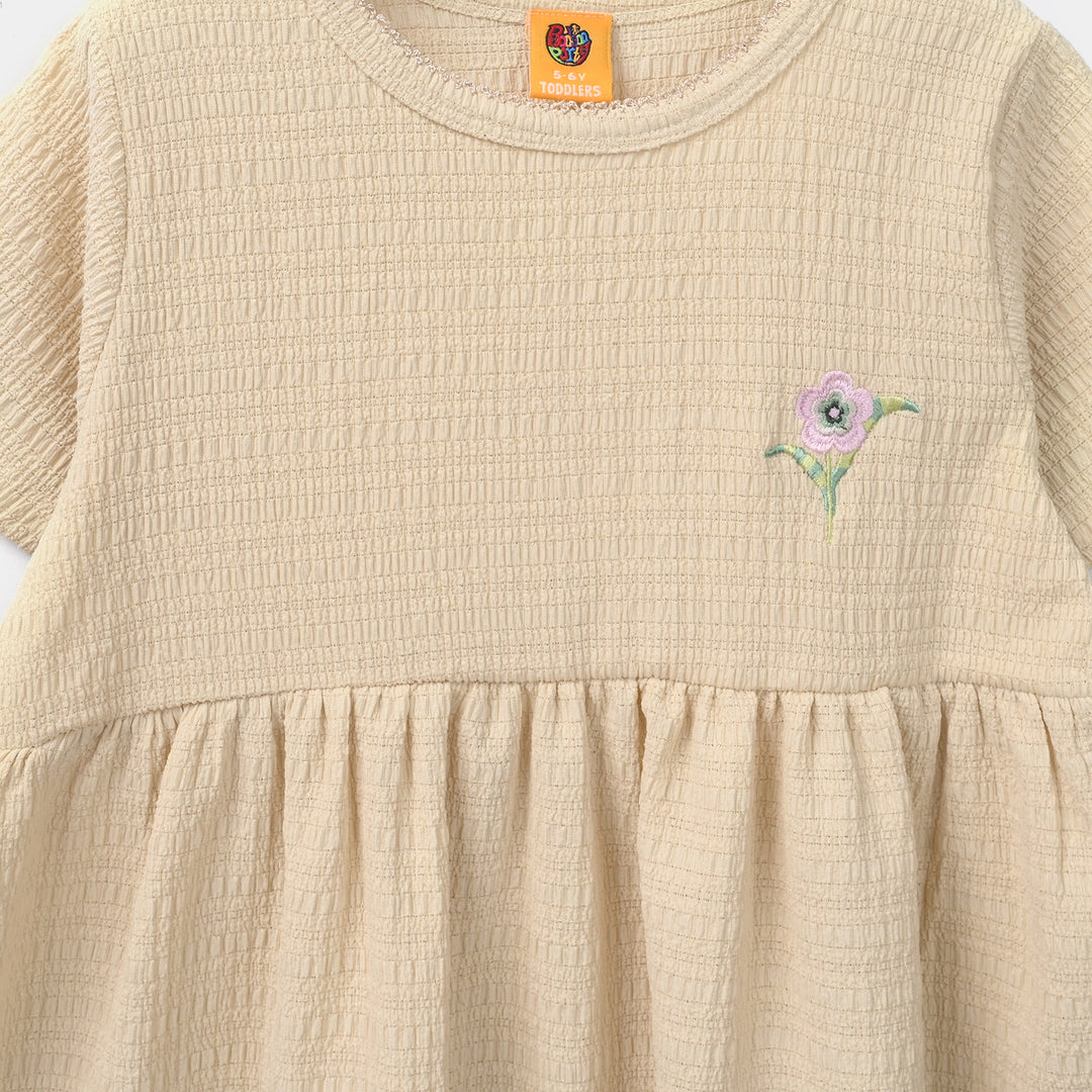 Girls Poly Crinkle Knitted Frock Flower - Beige