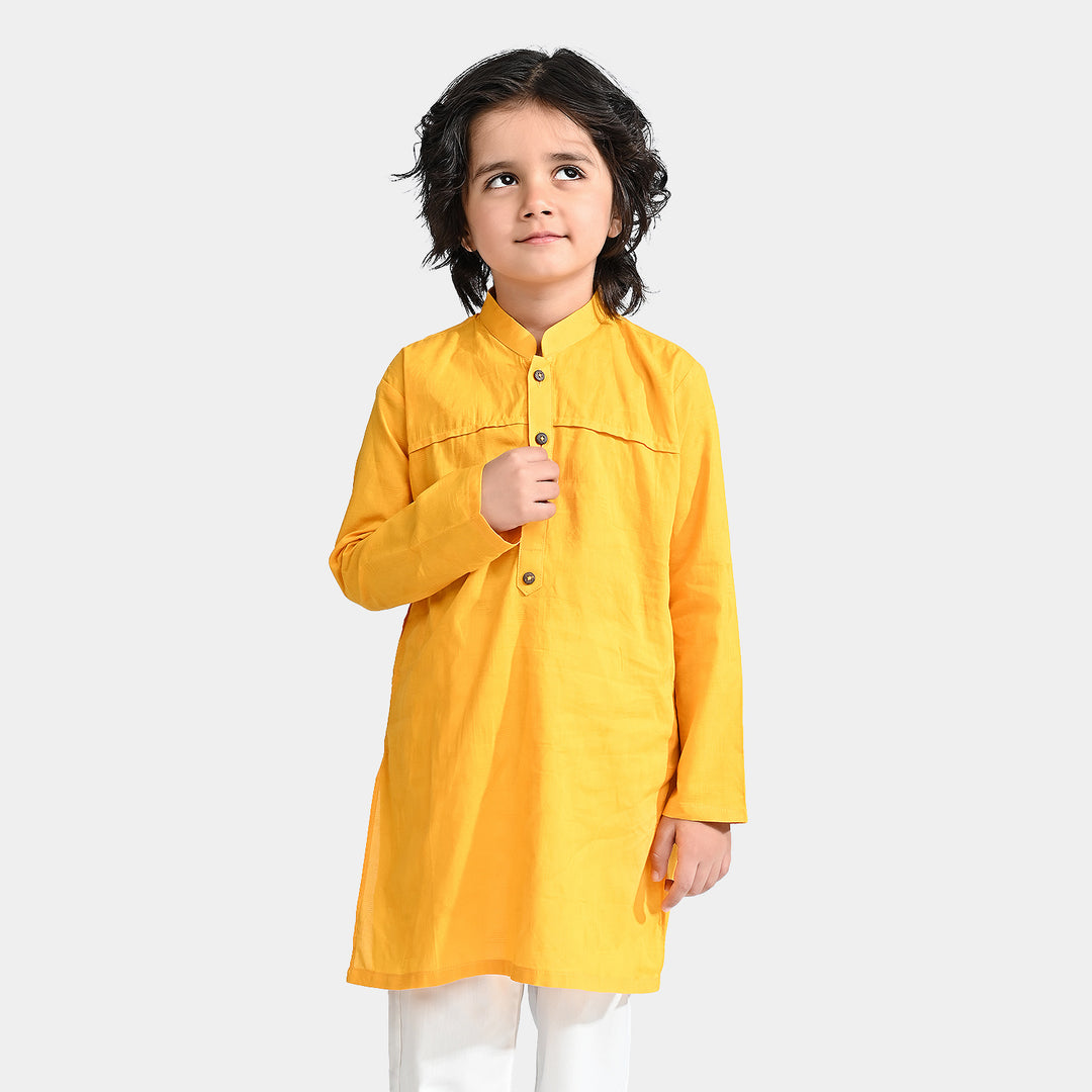 Boys Jacquard Basic Kurta-Yellow