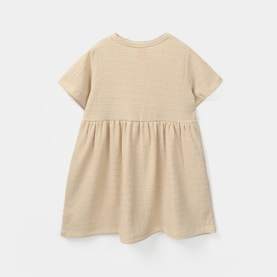 Girls Poly Crinkle Knitted Frock Flower - Beige