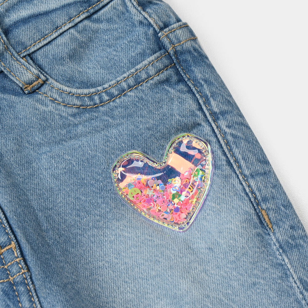 Infant Girls Denim Stretch Pants Shiny (Heart) - Light Blue