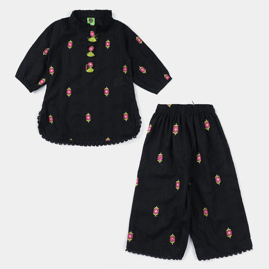 Infant Girls Cotton Emb 2Pcs Floral-BLACK