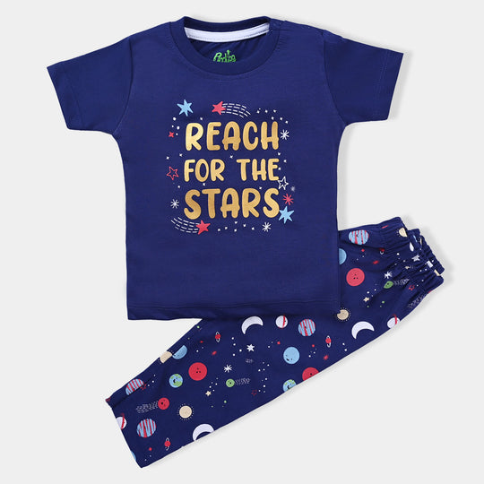 Infant Boys Cotton Jersey Knitted Night Suit Reach Stars | Navy Blue