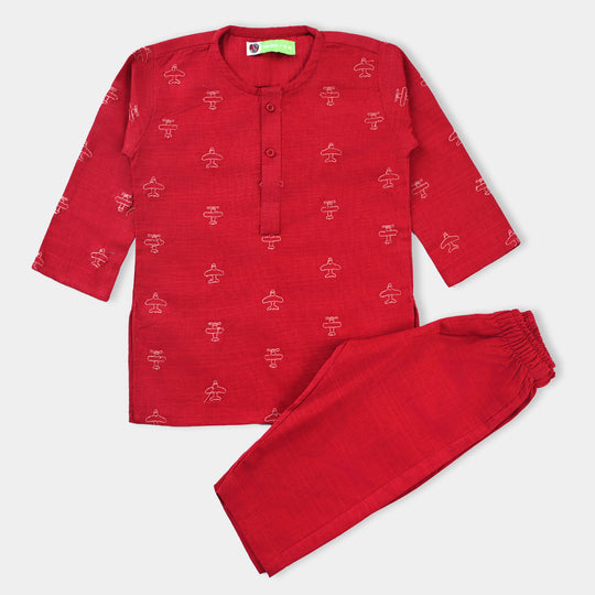 Infant Boys Cotton Slub Shalwar Suit (Airplane)-Reddish