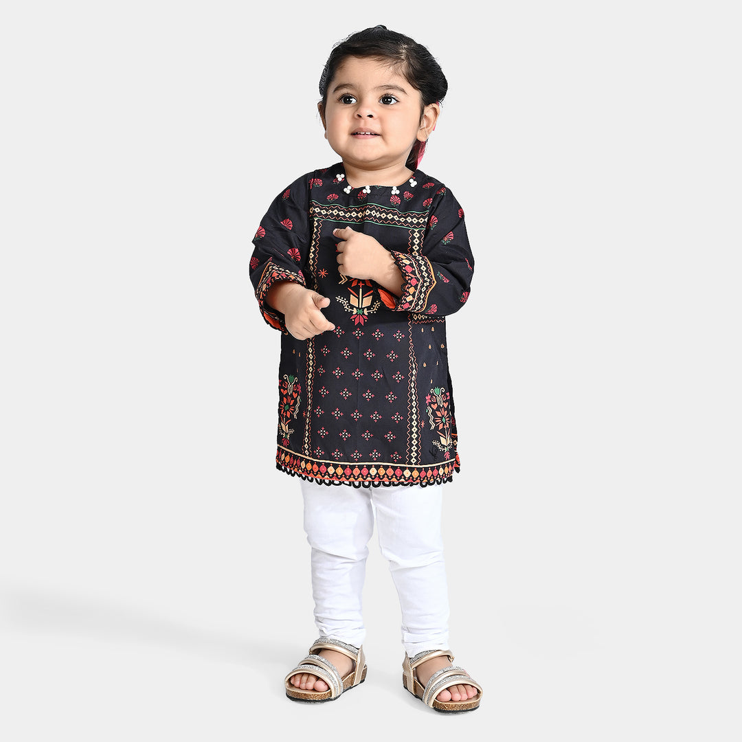 Infant Girls Cotton Poplin Printed Kurti Night Tulip-BLACK