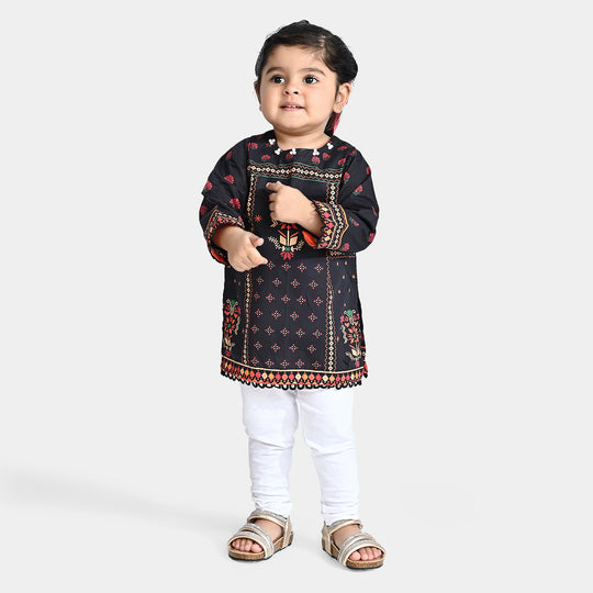 Infant Girls Cotton Poplin Printed Kurti Night Tulip-BLACK