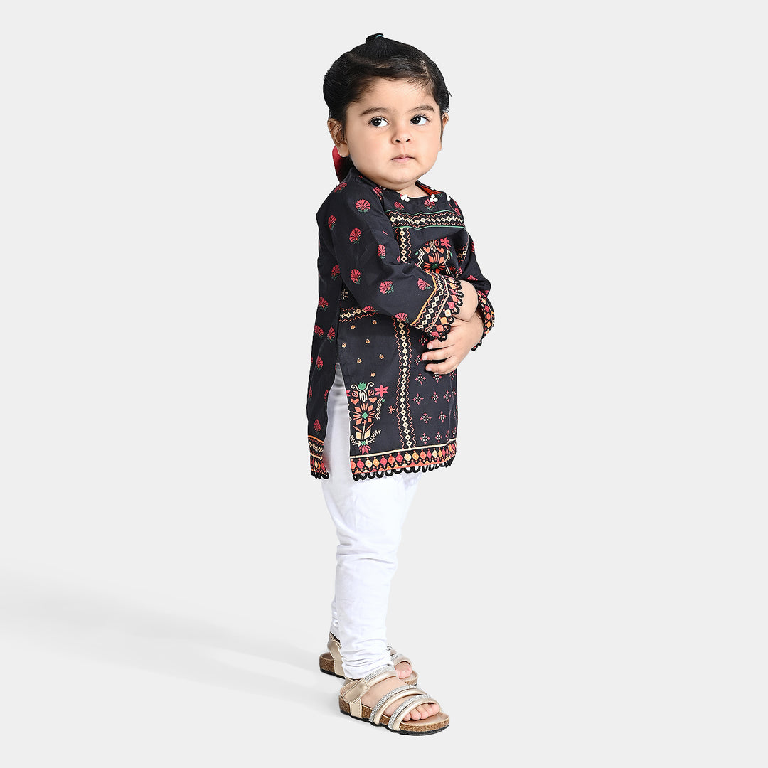 Infant Girls Cotton Poplin Printed Kurti Night Tulip-BLACK