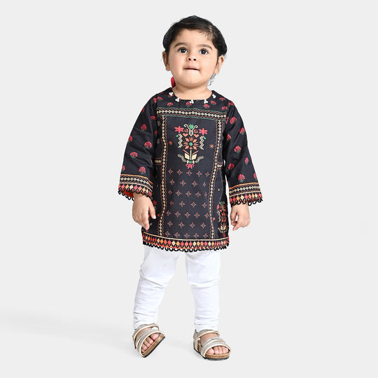 Infant Girls Cotton Poplin Printed Kurti Night Tulip-BLACK