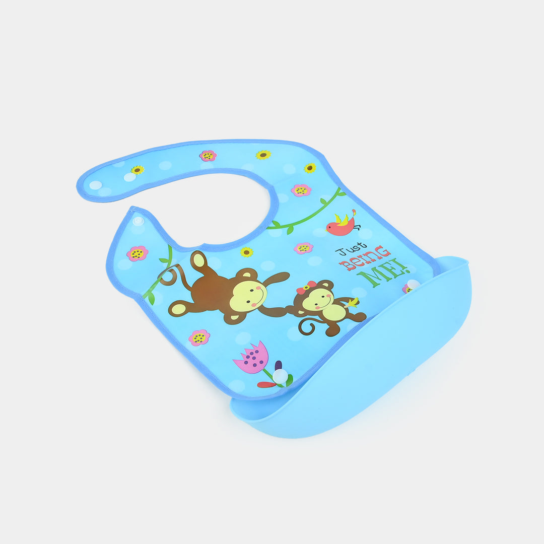 Baby Bib with Food Catcher – Blue Monkey