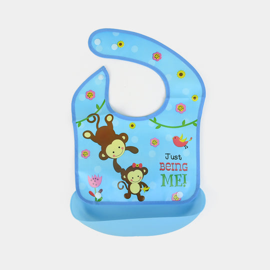Baby Bib with Food Catcher – Blue Monkey