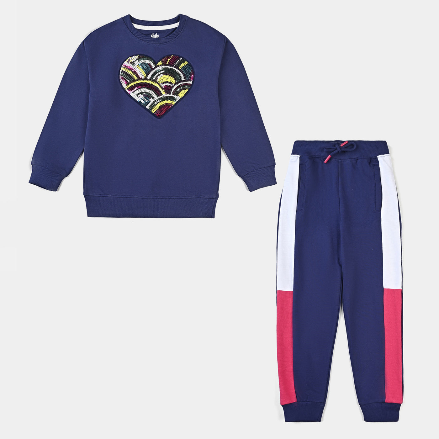 Girls Cotton Terry 2 Piece Suit Heart-Navy Blue