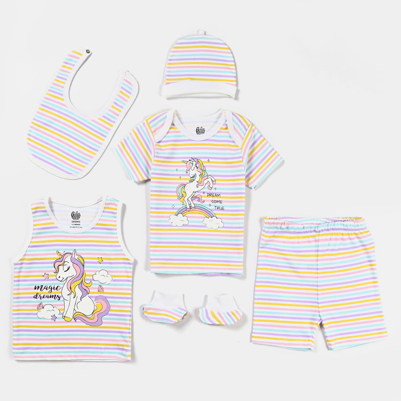 Infant Girls Cotton Interlock 6 Piece Set (T-Shirt/Cap/Bib/Socks/Sando/Short)-mIX