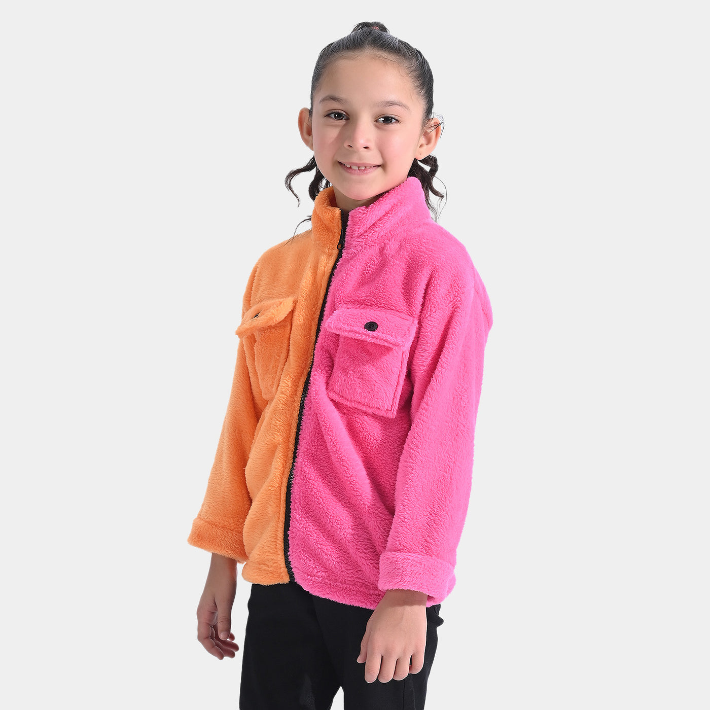 Girls Sherpa Jacket 2 Tone-Orange/Pink