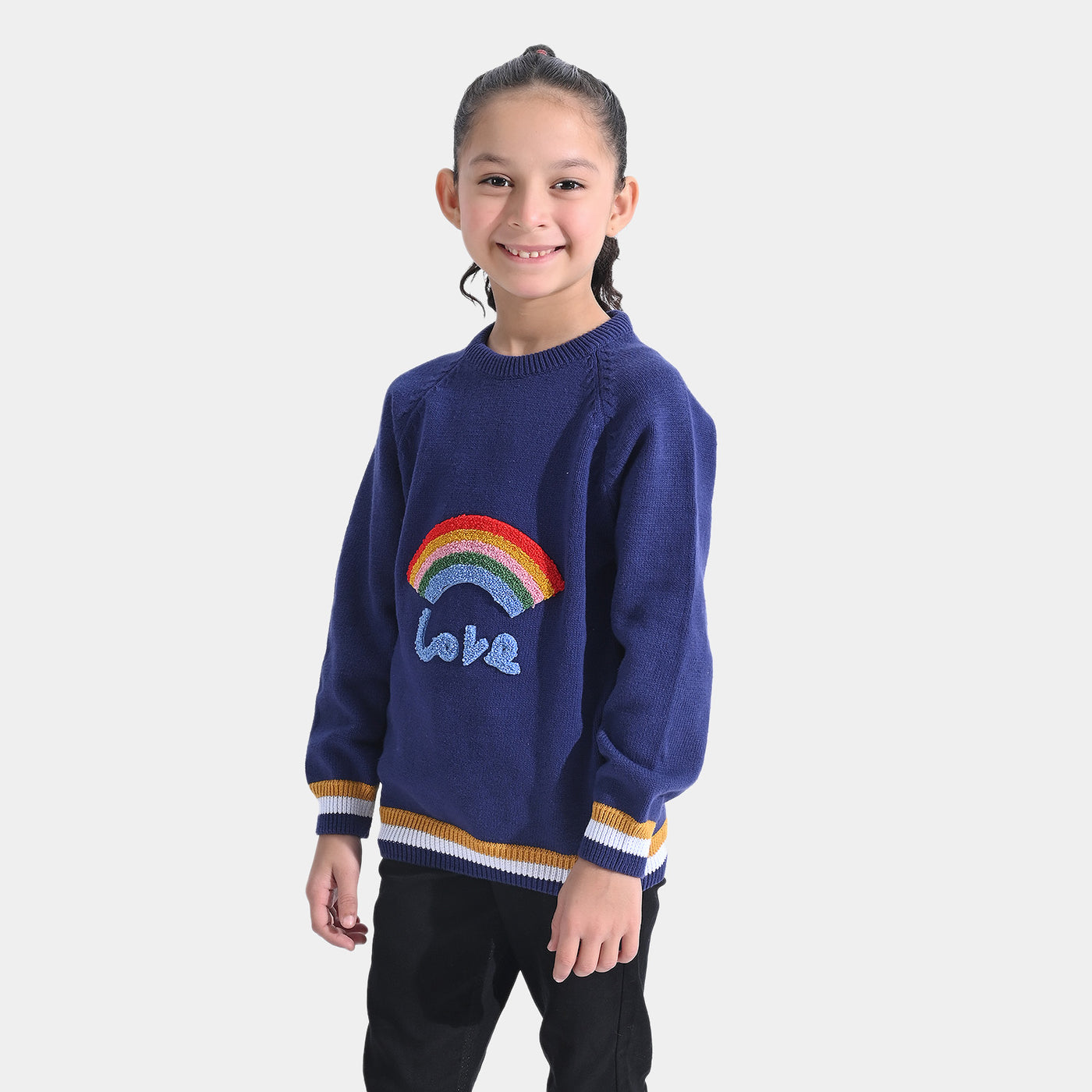 Girls Cotton Full Sleeves Sweater Fox Embroidered-Navy Blue