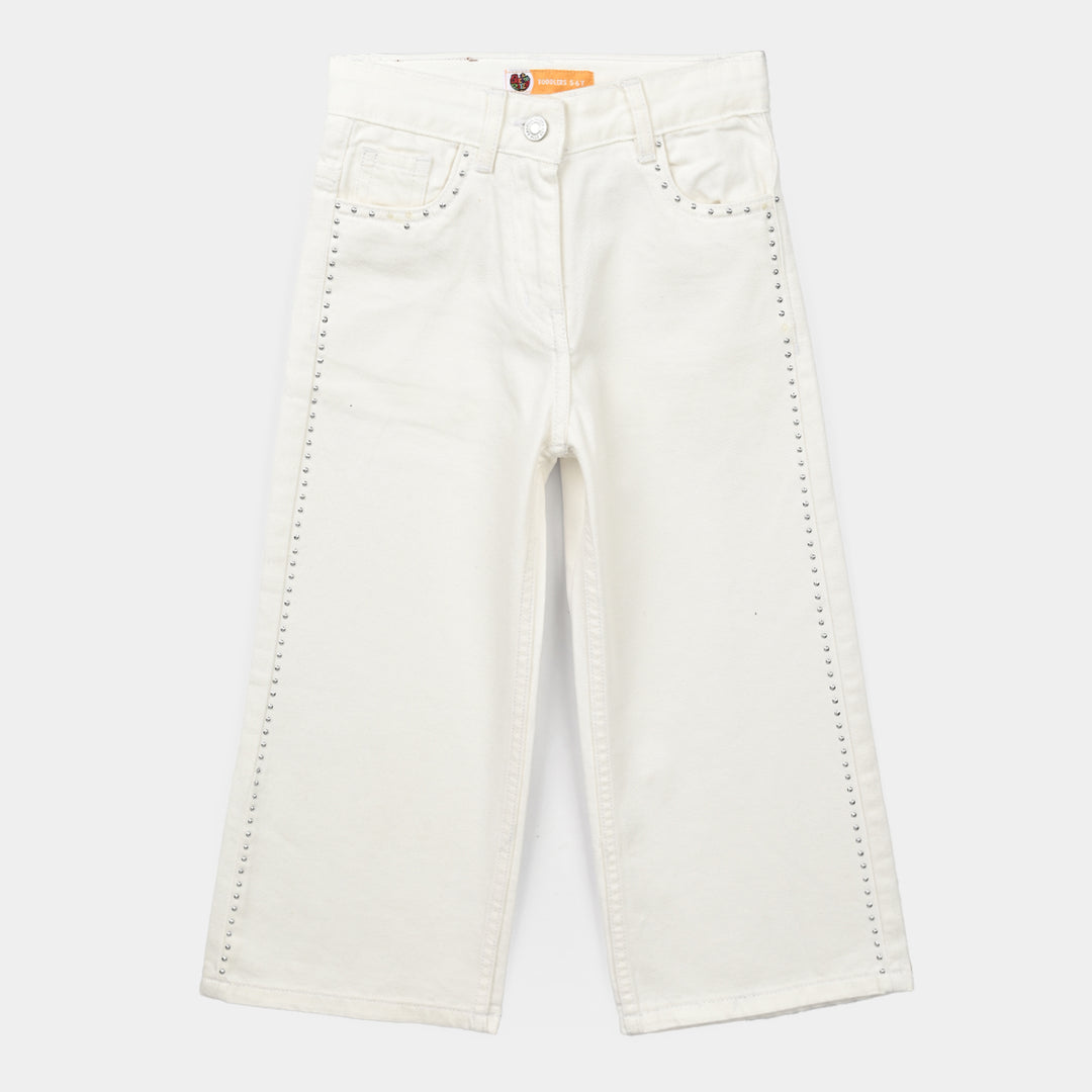 Girls Denim rigid Pant White Studs-White