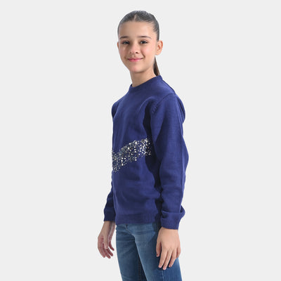 Girls Cotton Full Sleeves Sweater Sequence - Navy