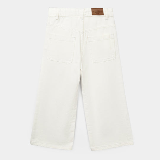 Girls Denim rigid Pant White Studs-White