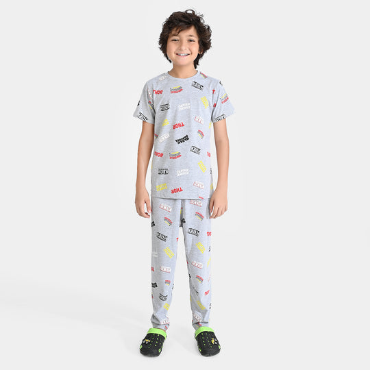 Boys Poly Cotton Jersey Knitted Nightwear Suit-H.grey