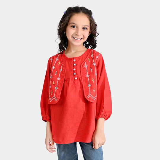 Girls Cotton Slub Emb Top Ethnic -Red