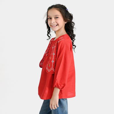 Girls Cotton Slub Emb Top Ethnic -Red