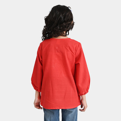 Girls Cotton Slub Emb Top Ethnic -Red