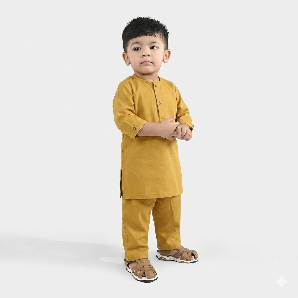Infant Boys Poly Viscose Kurta Pajama Suit (Cut Collar)-Mustard