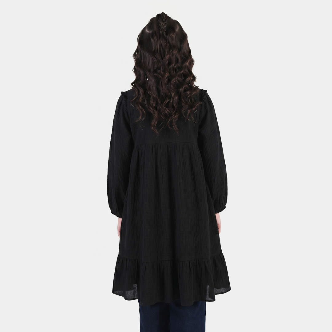 Girls Poly Cambric Casual Frock – Black