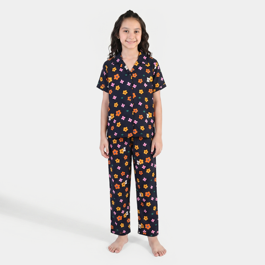 Girls Floral Print Viscose Nightwear Suit – Navy