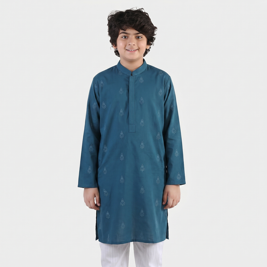 Boys Cotton Slub Printed Kurta (Blue Opal)-Blue