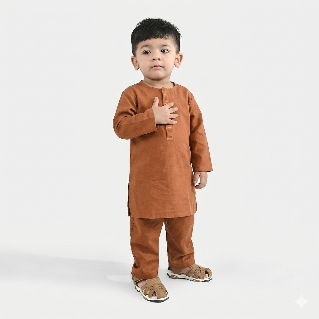 Infant Boys Cotton Shalwar Suit (Dashed EMB)-Mustard