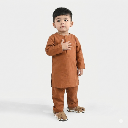 Infant Boys Cotton Shalwar Suit (Dashed EMB)-Mustard