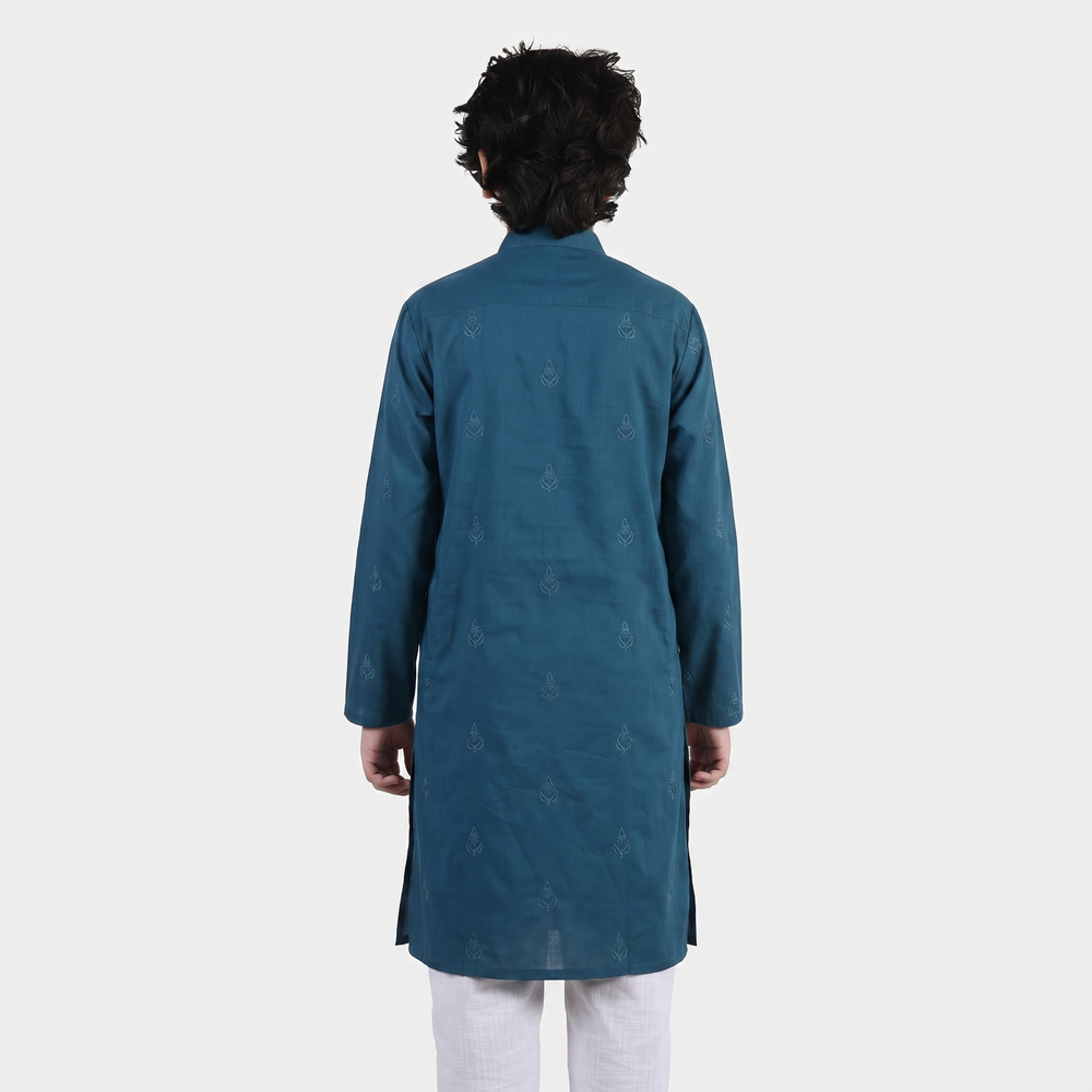 Boys Cotton Slub Printed Kurta (Blue Opal)-Blue