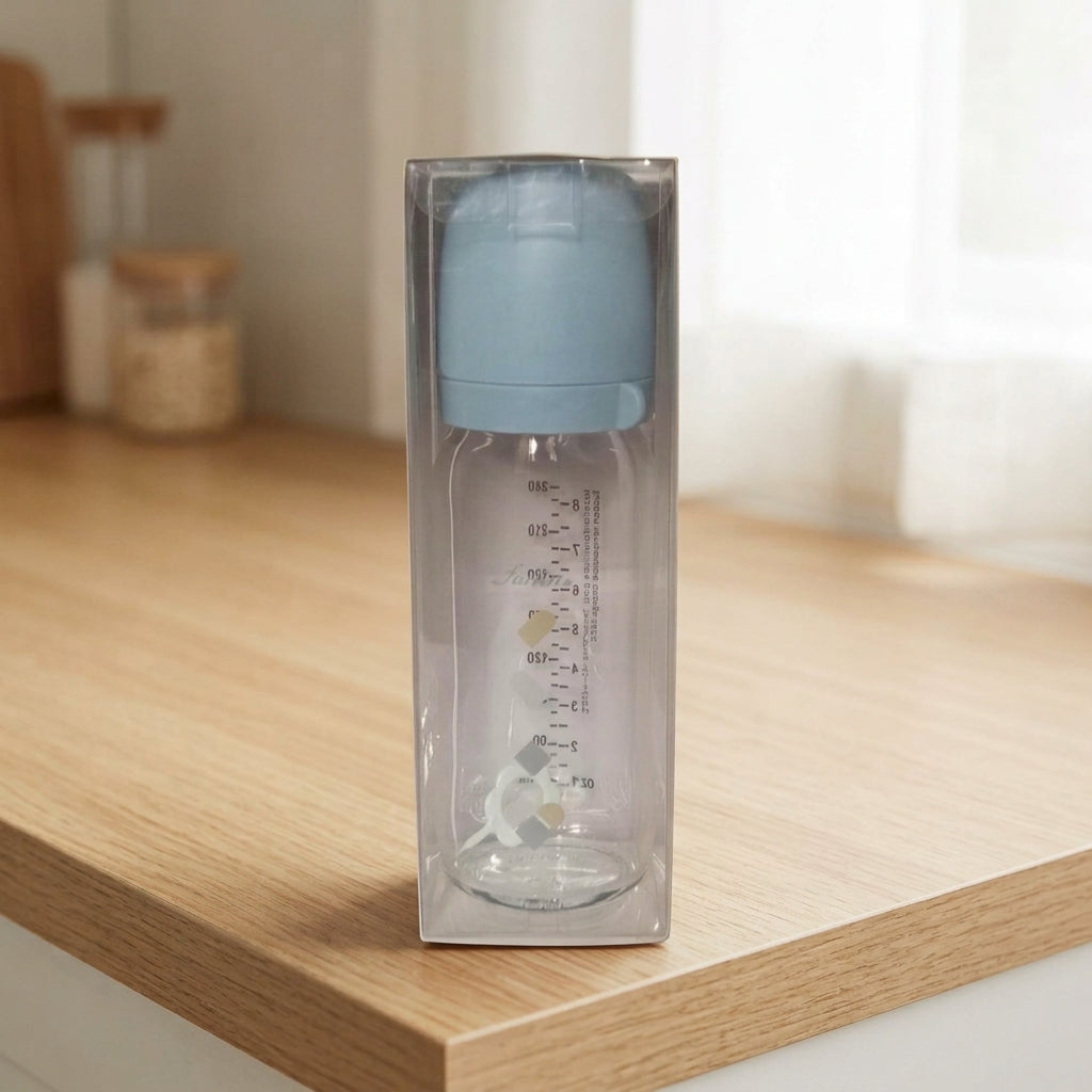 GLASS WIDE NECK FEEDER 240ML AB-32010 BLUE