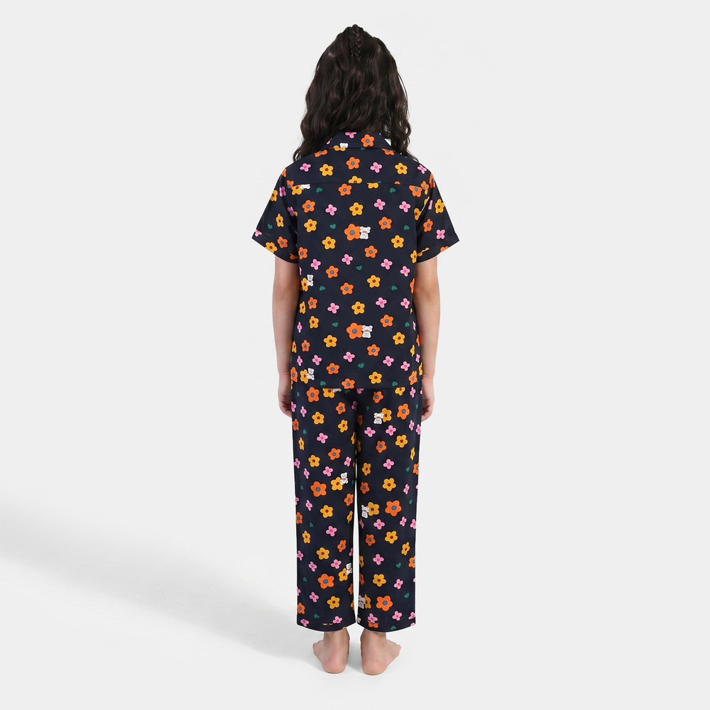 Girls Floral Print Viscose Nightwear Suit – Navy