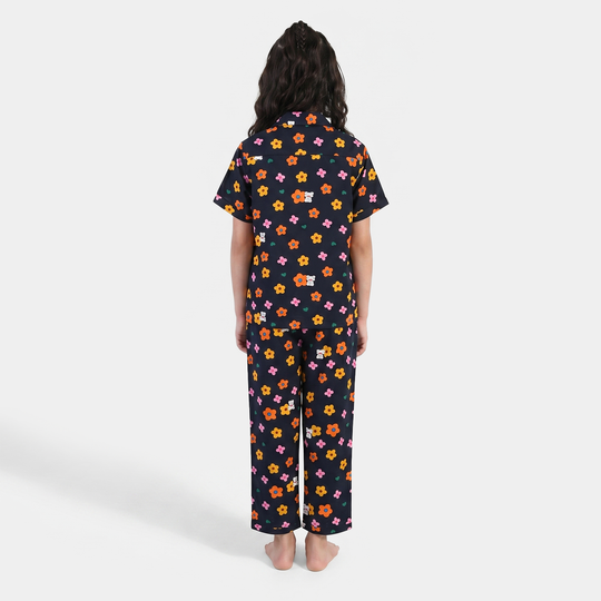 Girls Floral Print Viscose Nightwear Suit – Navy