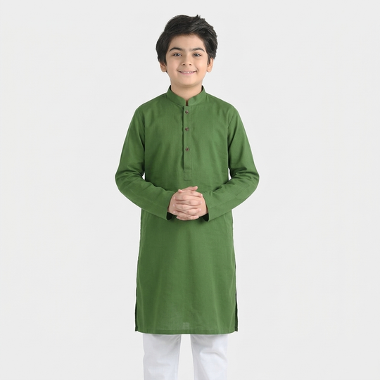 Boys Cotton Slub Basic Kurta (Forest ELF) - Green