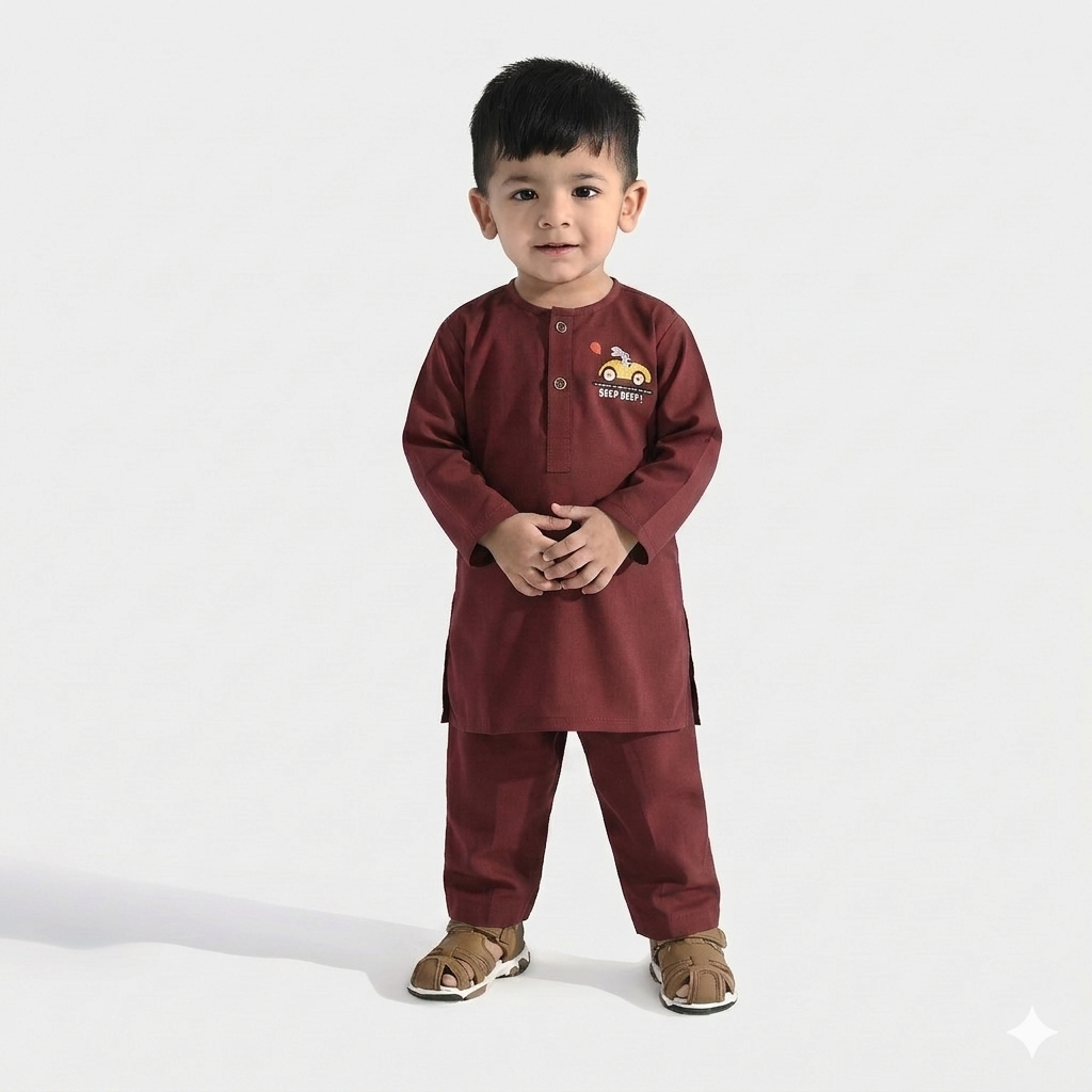 Infant Boys Poly Viscose 2PC Suit (Beep Beep) - MAROON