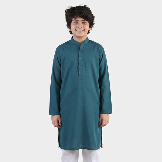 Boys Cotton Slub Kurta (Cut N Sew)- Teal Blue