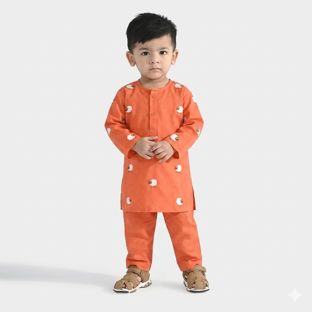 Infant Boys Cotton Poplin Shalwar Suit (Sheep)-BROWN