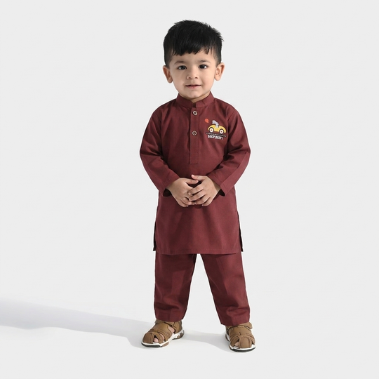 Infant Boys Poly Viscose 2PC Suit (Beep Beep) - MAROON