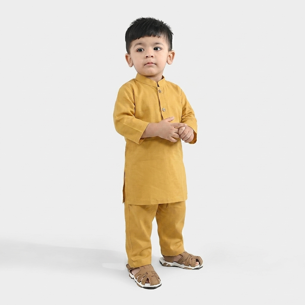 Infant Boys Poly Viscose Kurta Pajama Suit (Cut Collar)-Mustard